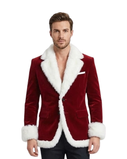Man wearing a red velvet blazer with white fur trim on a white background