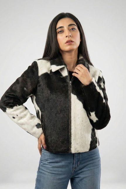 Cow Skin Handmade Hair-On Biker Jacket