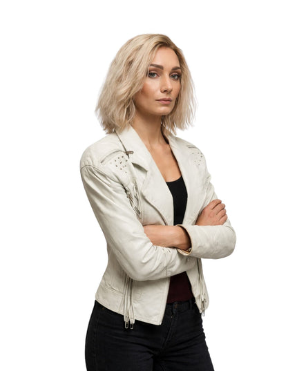 Woman wearing a white leather jacket on a white background