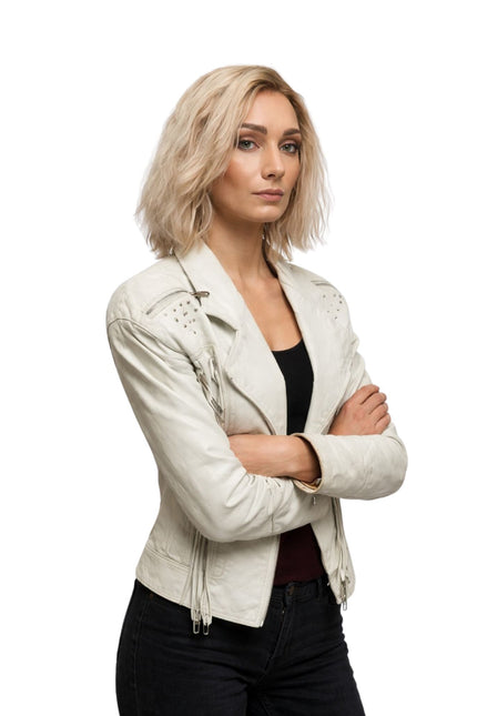 Woman wearing a white leather jacket on a white background