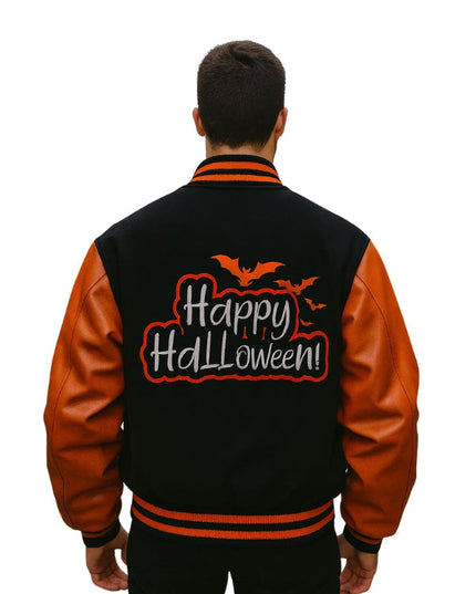 Person wearing a black and orange Halloween-themed jacket with 'Happy Halloween!' text.