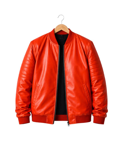 Red leather jacket on a wooden hanger against a white background