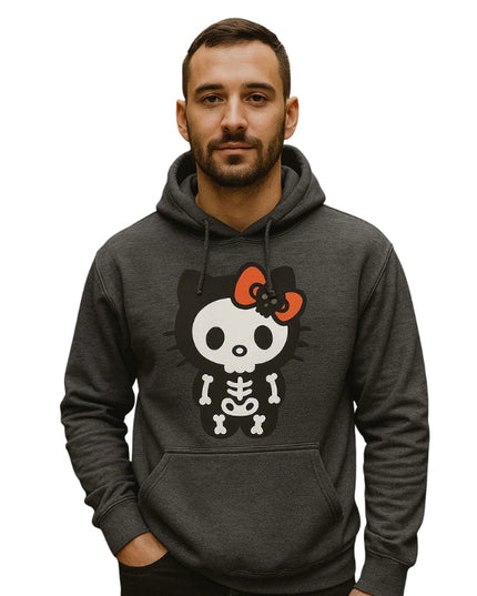Man wearing a dark gray hoodie with a skeleton Hello Kitty design on a white background