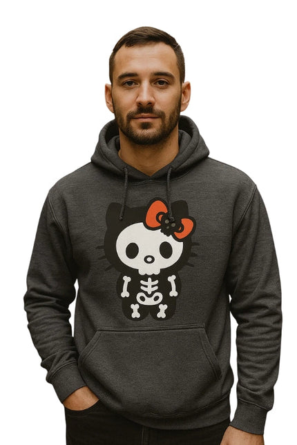 Man wearing a dark gray hoodie with a skeleton Hello Kitty design on a white background