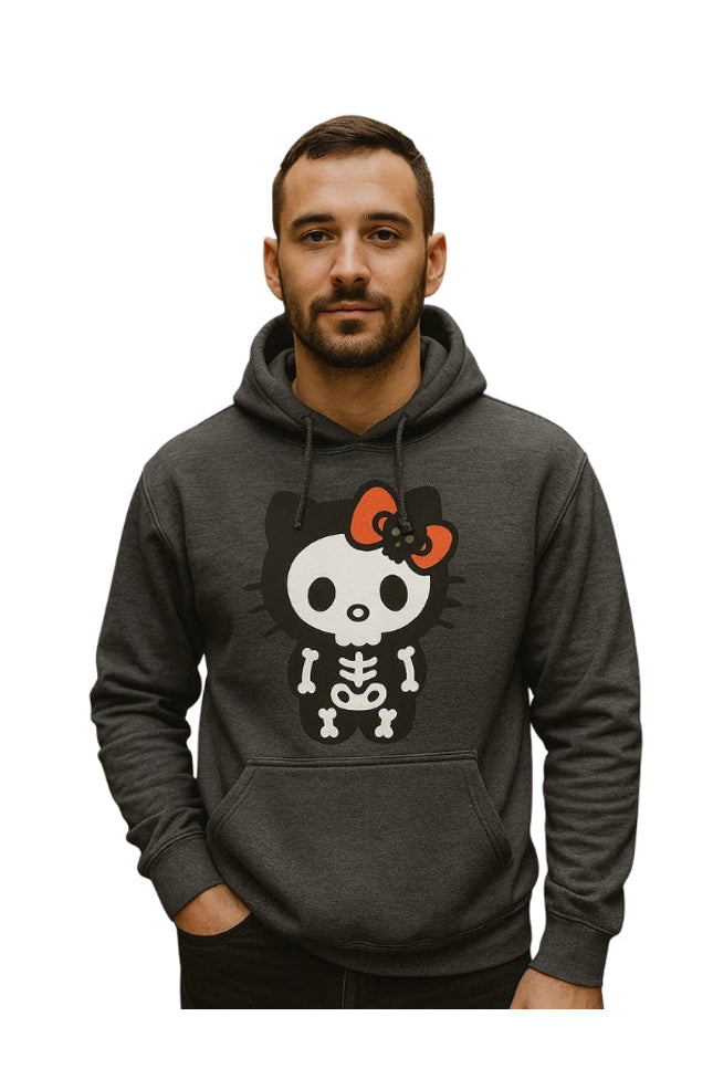 Man wearing a dark gray hoodie with a skeleton Hello Kitty design on a white background