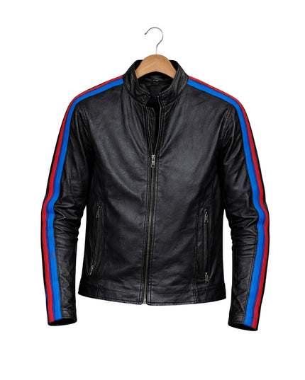 Black leather jacket with red and blue stripes on a hanger against a white background