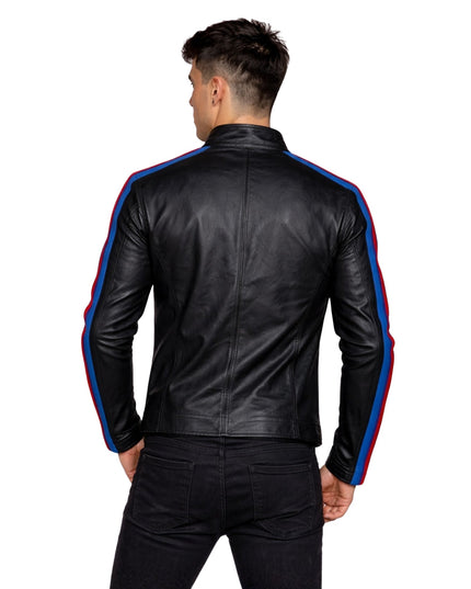 Black leather jacket with blue and red stripes on sleeves worn by a person on a white background