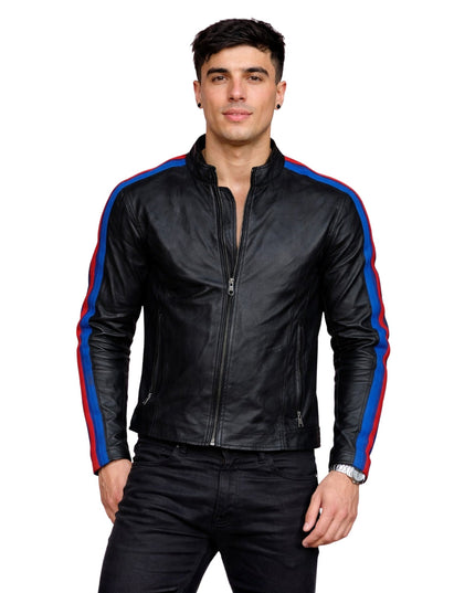 Man wearing a black leather jacket with red and blue stripes on a white background