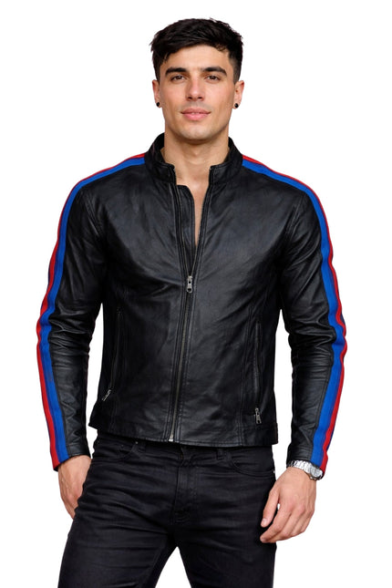 Man wearing a black leather jacket with red and blue stripes on a white background