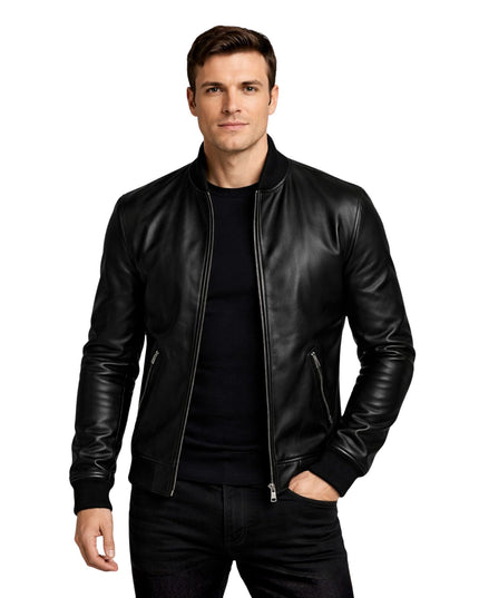 Man wearing a black leather jacket on a white background
