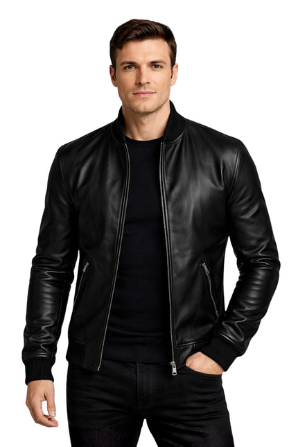 Man wearing a black leather jacket on a white background