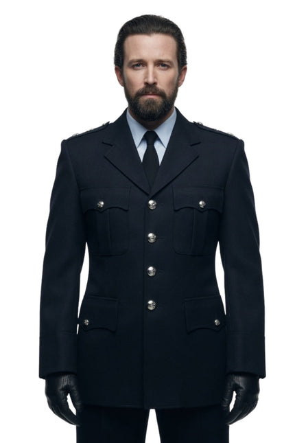 Man wearing a dark navy blue coat with silver buttons on a white background