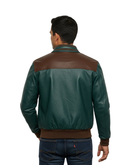 Man wearing a green and brown leather jacket on a white background