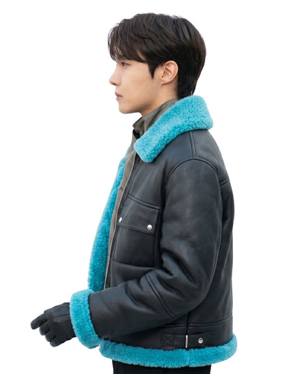 J-Hope Inspired Black and Blue Fur Leather Jacket