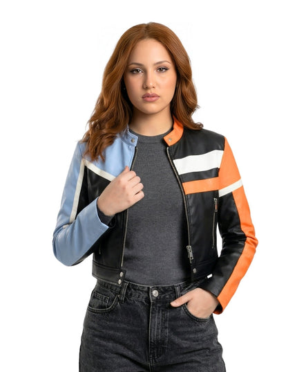Woman wearing a colorful jacket with a white background