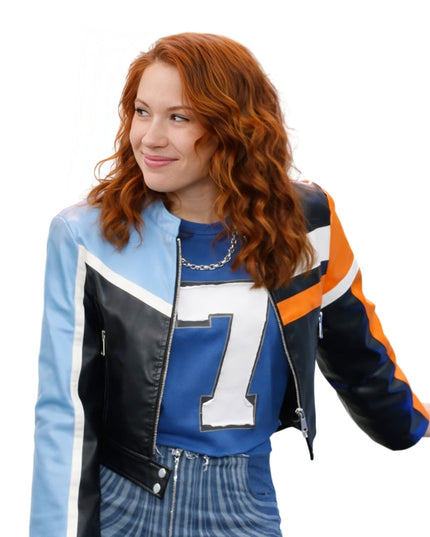 Woman wearing a colorful jacket with number 7 on a white background