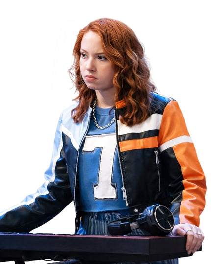 Person wearing a colorful jacket with a number 1 design, holding a keyboard and headphones on a white background