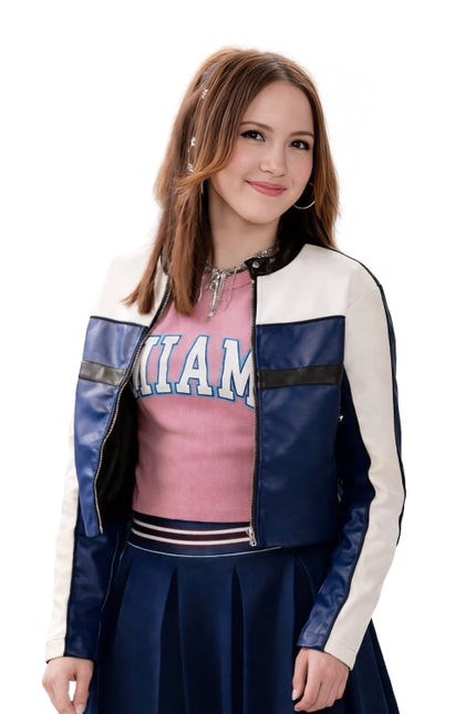 Woman wearing a blue and white jacket with 'ILLIAM' on a white background
