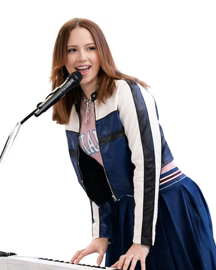 Woman playing piano and singing into microphone on a white background