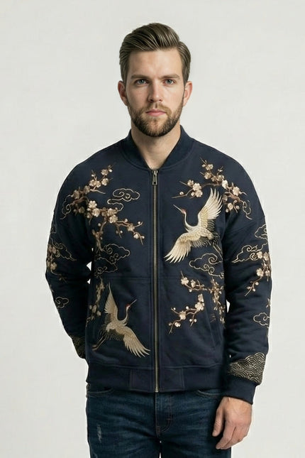 Men’s Navy Crane Embroidered Fleece Hoodie