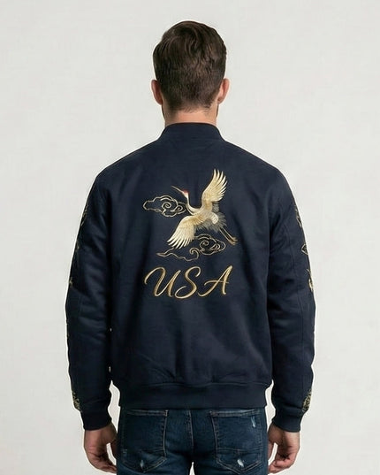 Men’s Navy Crane Embroidered Fleece Hoodie