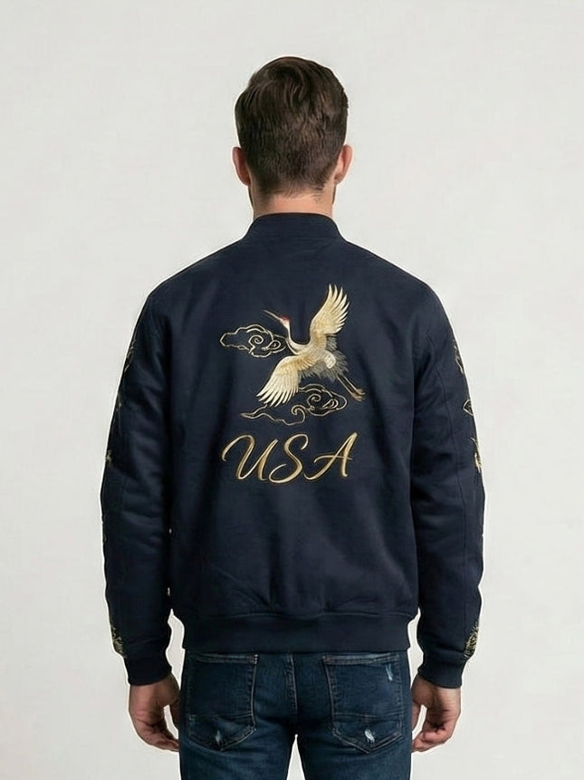 Men’s Navy Crane Embroidered Fleece Hoodie