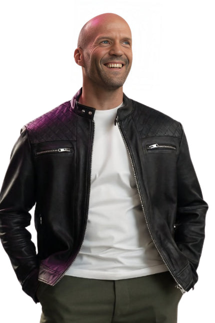 Man wearing a black leather jacket with purple accents on a white background