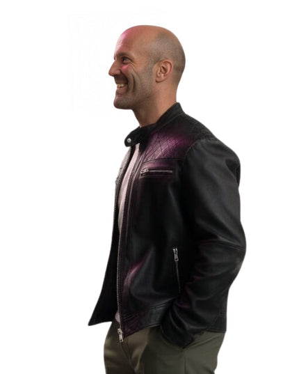 Man wearing a black leather jacket with purple accents on a white background