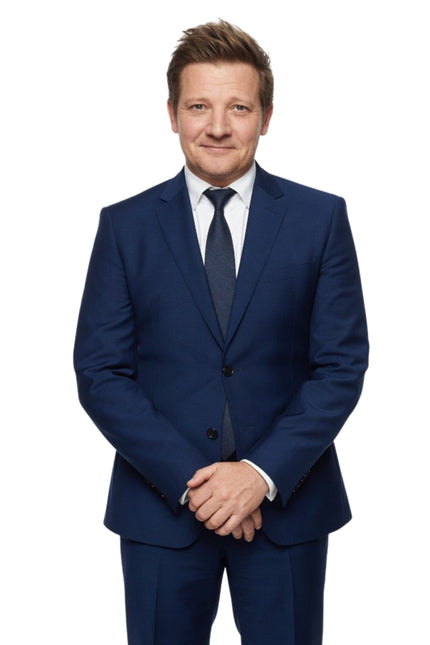 Man wearing a blue suit and tie on a white background