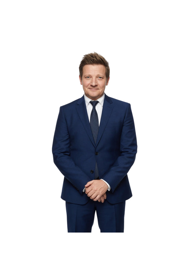 Man wearing a blue suit and tie on a white background