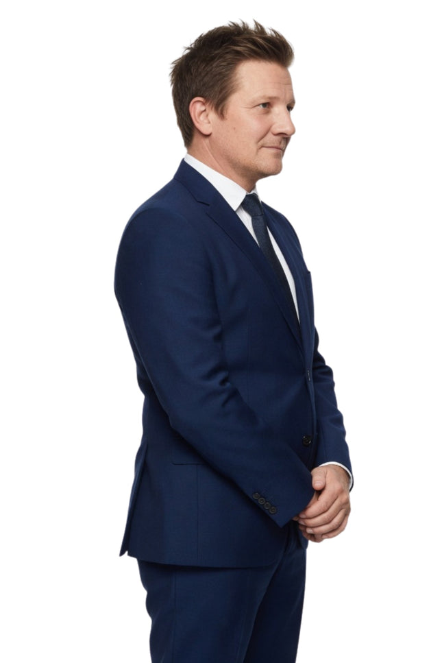 Man wearing a blue suit on a white background