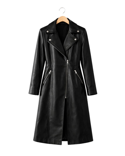 Black leather coat on a hanger against a white background
