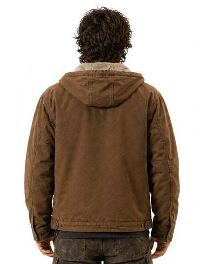 Brown jacket worn by a person on a white background