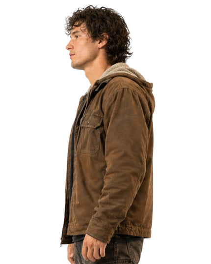 Man wearing a brown jacket with a hood on a white background