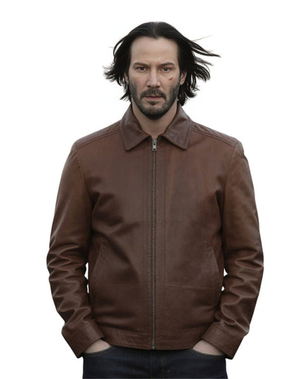 Man wearing a brown leather jacket 