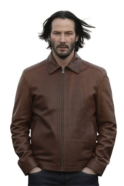 Man wearing a brown leather jacket 