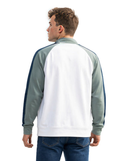 Man wearing a white and gray jacket on a white background