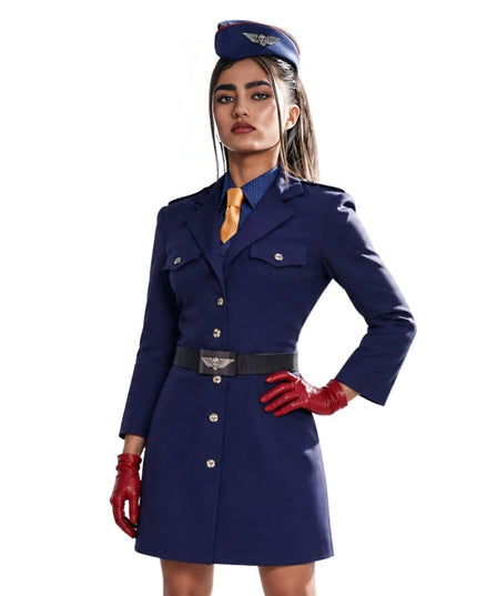 Woman wearing a blue uniform with red gloves on a white background