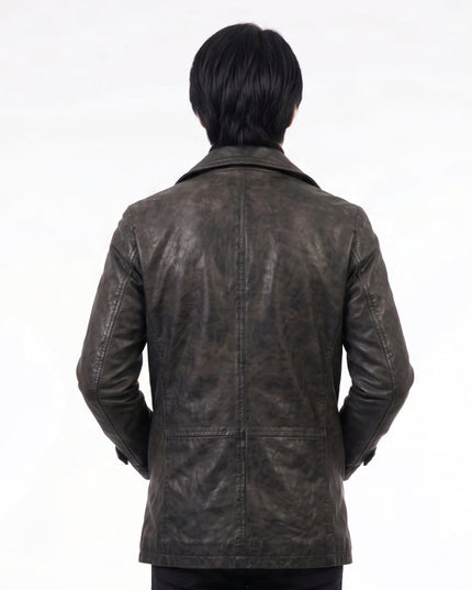 Person wearing a brown leather jacket on a white background
