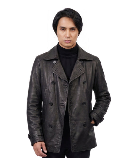 Man wearing a dark leather coat on a white background