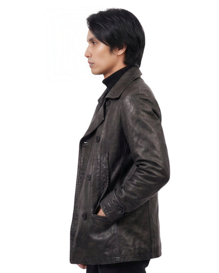 Man wearing a brown leather coat on a white background