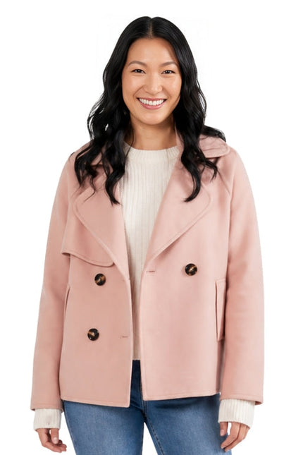 person wearing a pink pea coat
