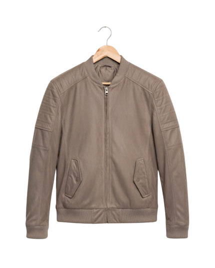 Brown jacket on a hanger against a white background