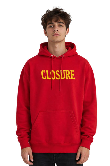 Red hoodie with 'CLOSURE' text worn by a person on a white background