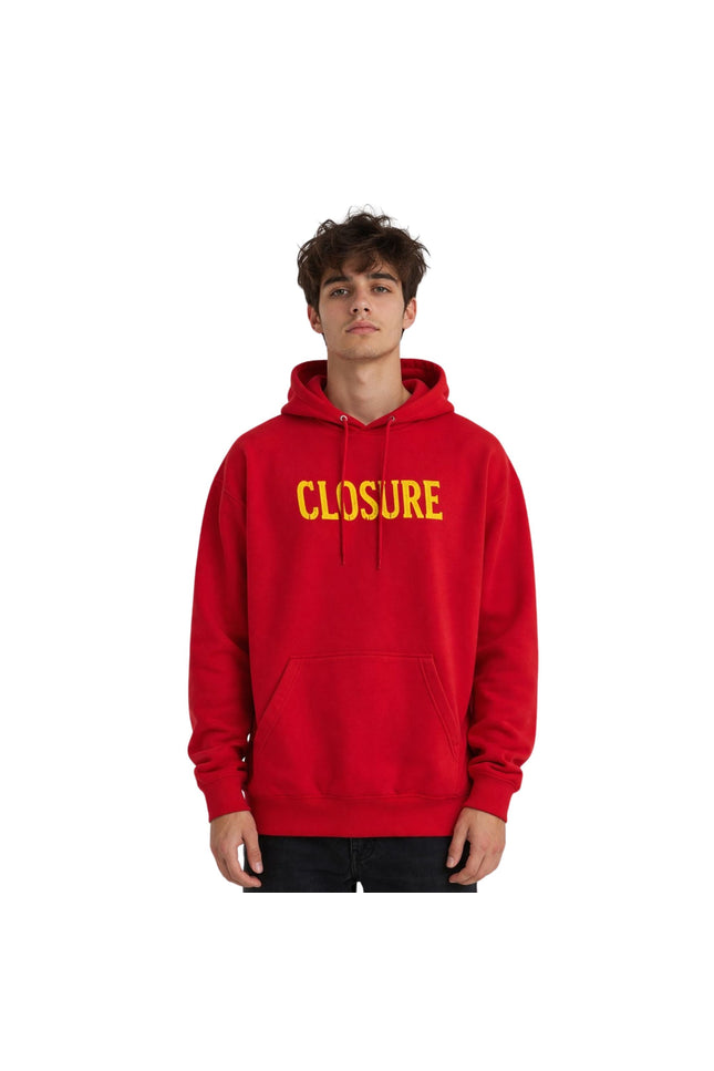 Red hoodie with 'CLOSURE' text worn by a person on a white background