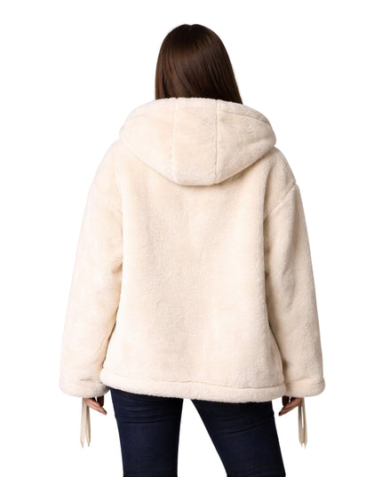 Beige hooded coat worn by a person on a white background