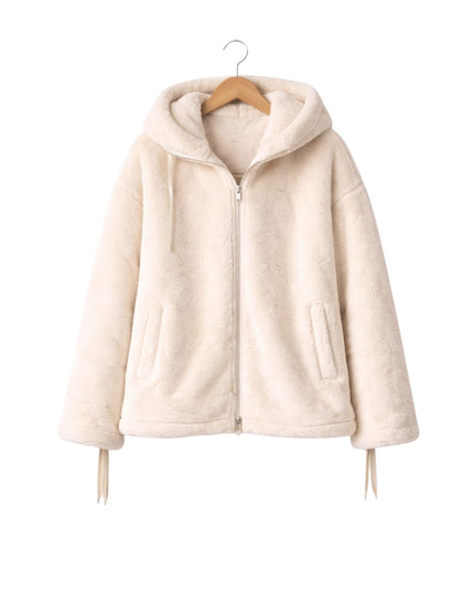 Beige hooded jacket on a hanger against a white background