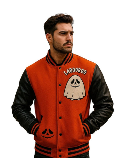 Man wearing a red and black varsity jacket with a ghost graphic and 'LABOOBOO' text.