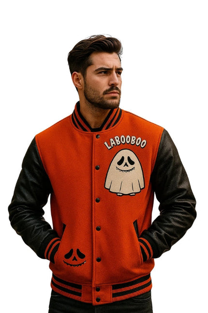 Man wearing a red and black varsity jacket with a ghost graphic and 'LABOOBOO' text.
