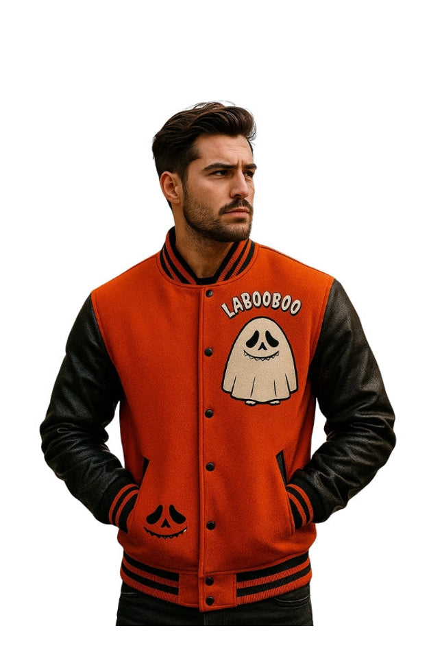 Man wearing a red and black varsity jacket with a ghost graphic and 'LABOOBOO' text.